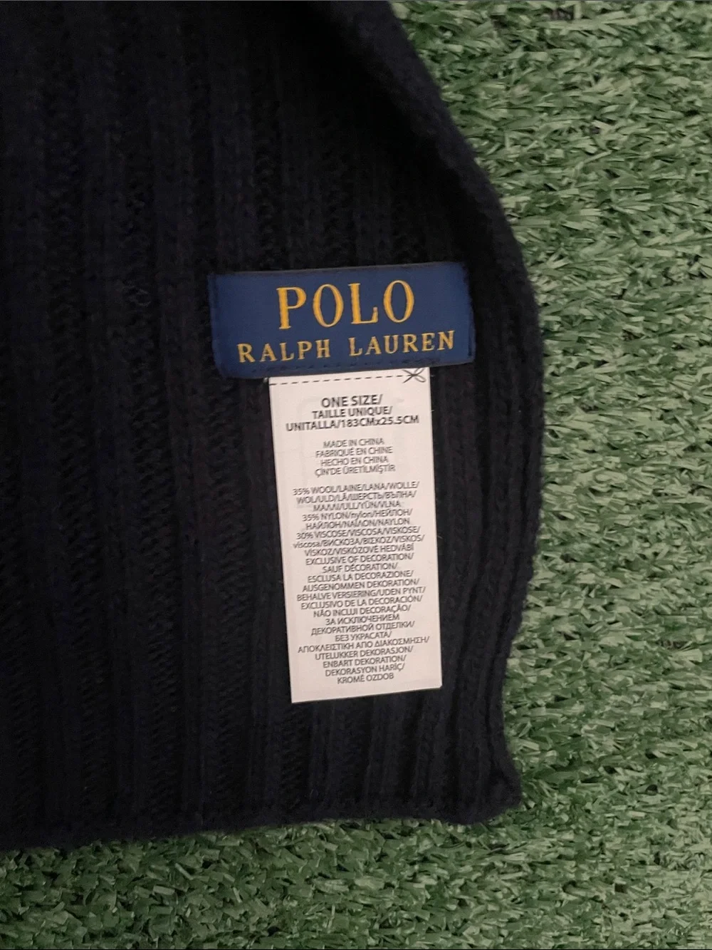 Ralph Lauren Navy Ribbed Knit Scarf with Red Polo Embroidery